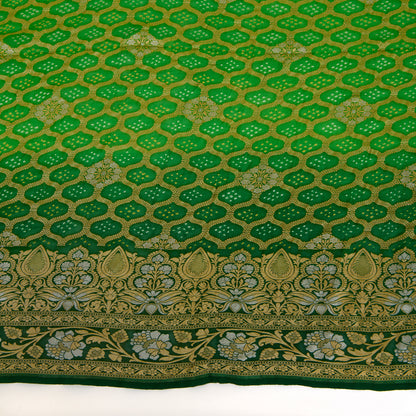 Parrot Green Georgette Bandhej Hand Woven Gold Geometric Dupatta