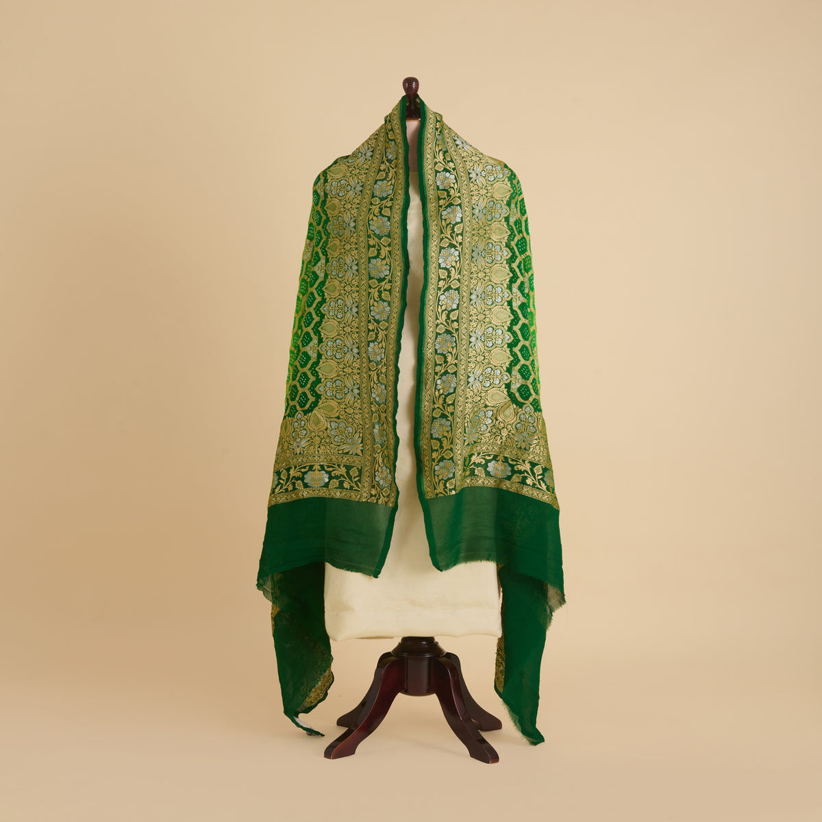 Parrot Green Georgette Bandhej Hand Woven Gold Geometric Dupatta