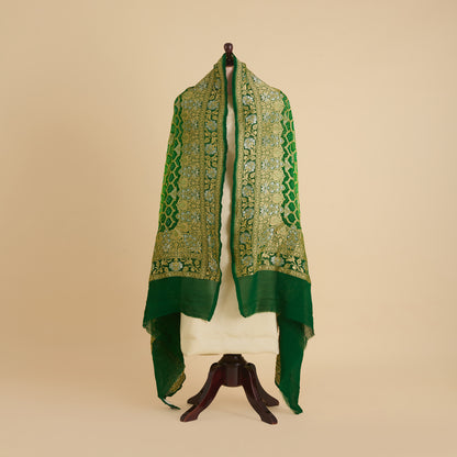 Parrot Green Georgette Bandhej Hand Woven Gold Geometric Dupatta