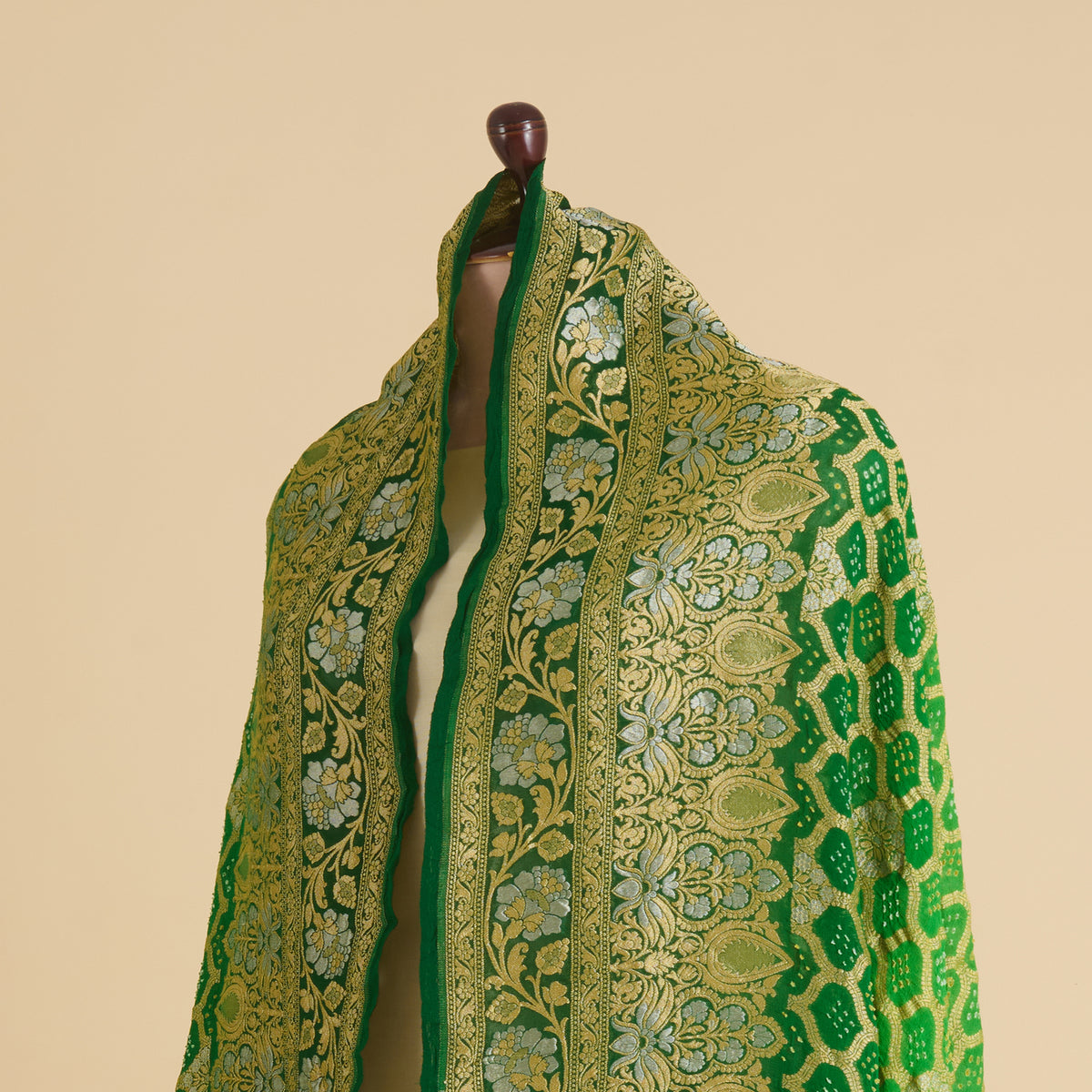 Parrot Green Georgette Bandhej Hand Woven Gold Geometric Dupatta