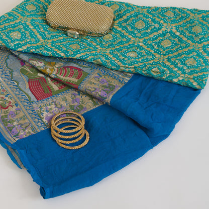 Firozi Blue Georgette Bandhej Gold Border Dupatta