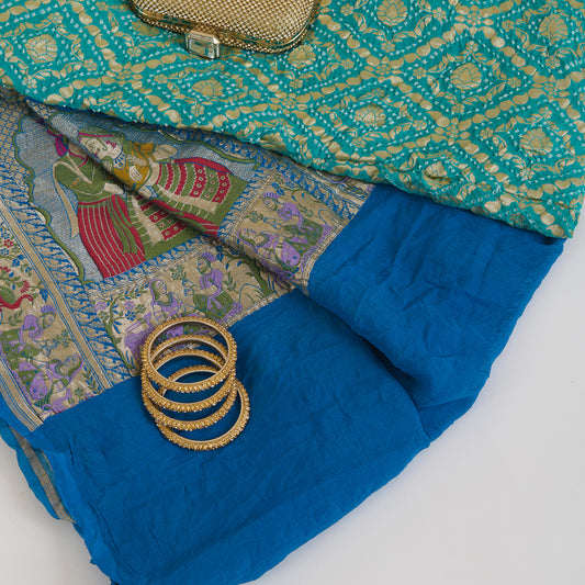 Firozi Blue Georgette Bandhej Gold Border Dupatta