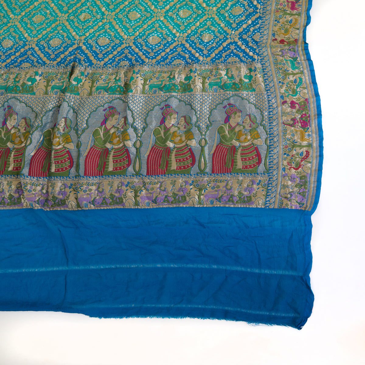 Firozi Blue Georgette Bandhej Gold Border Dupatta