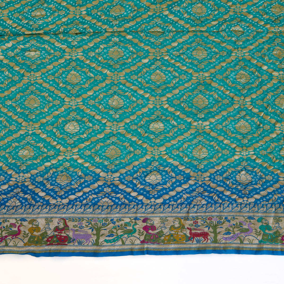 Firozi Blue Georgette Bandhej Gold Border Dupatta