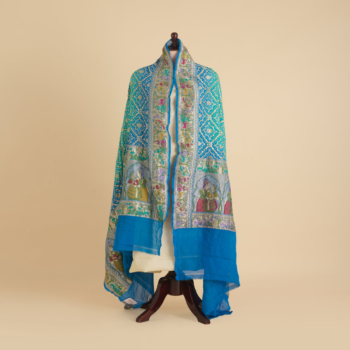 Firozi Blue Georgette Bandhej Gold Border Dupatta