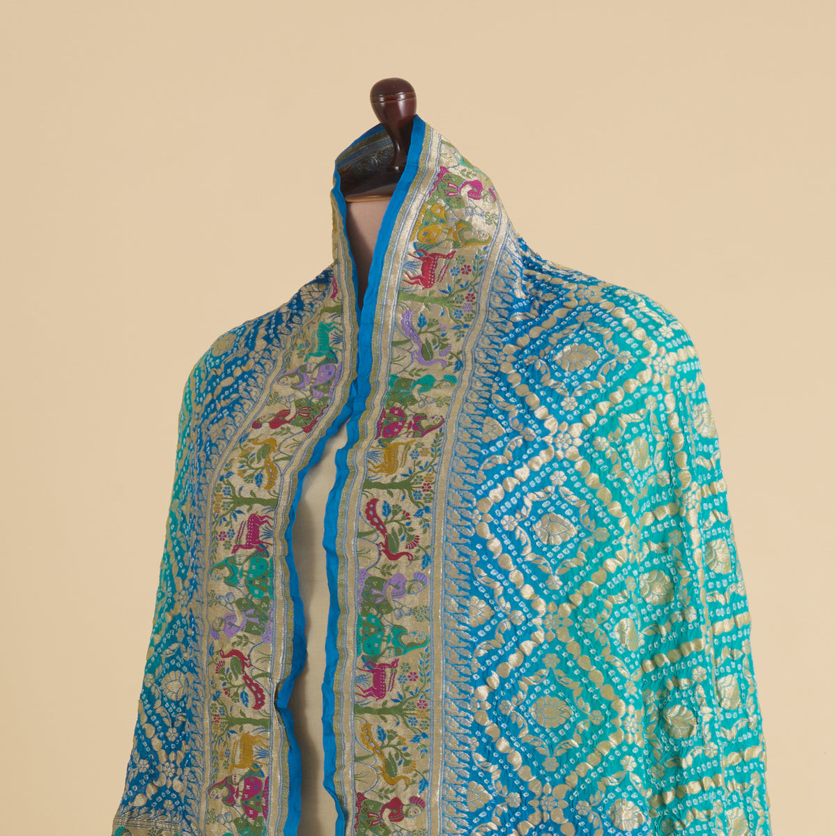 Firozi Blue Georgette Bandhej Gold Border Dupatta