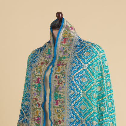 Firozi Blue Georgette Bandhej Gold Border Dupatta