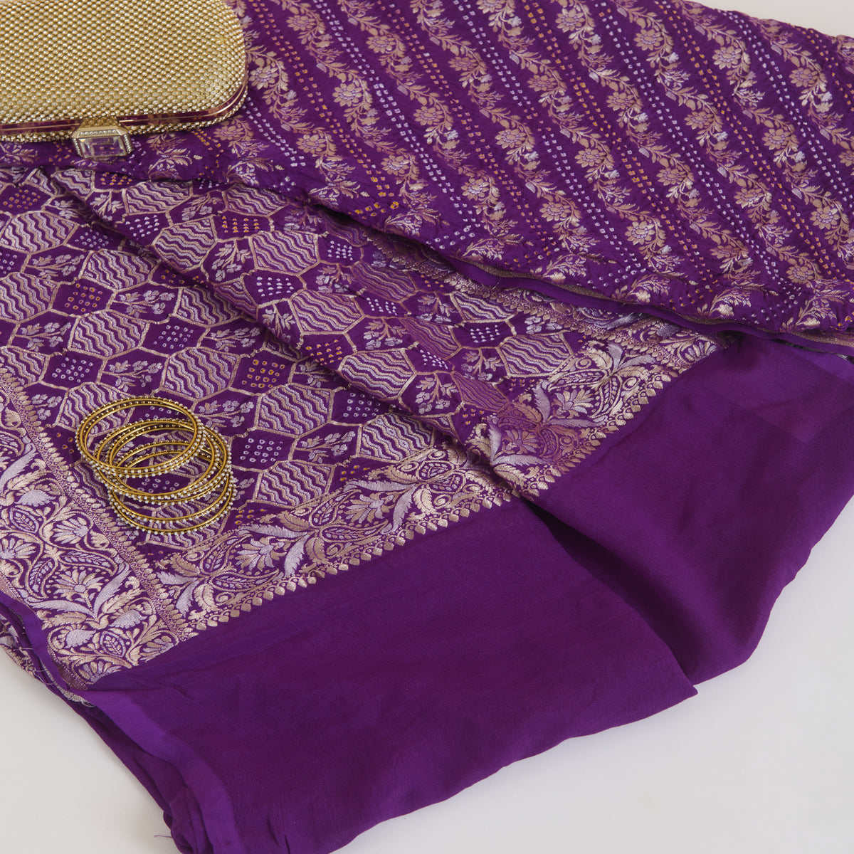 Purple Georgette Bandhej Hand Woven Gold Border Geometric Dupatta