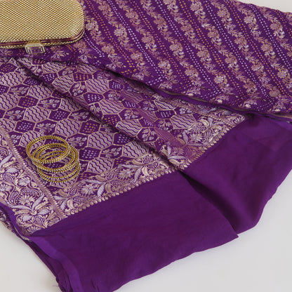Purple Georgette Bandhej Hand Woven Gold Border Geometric Dupatta