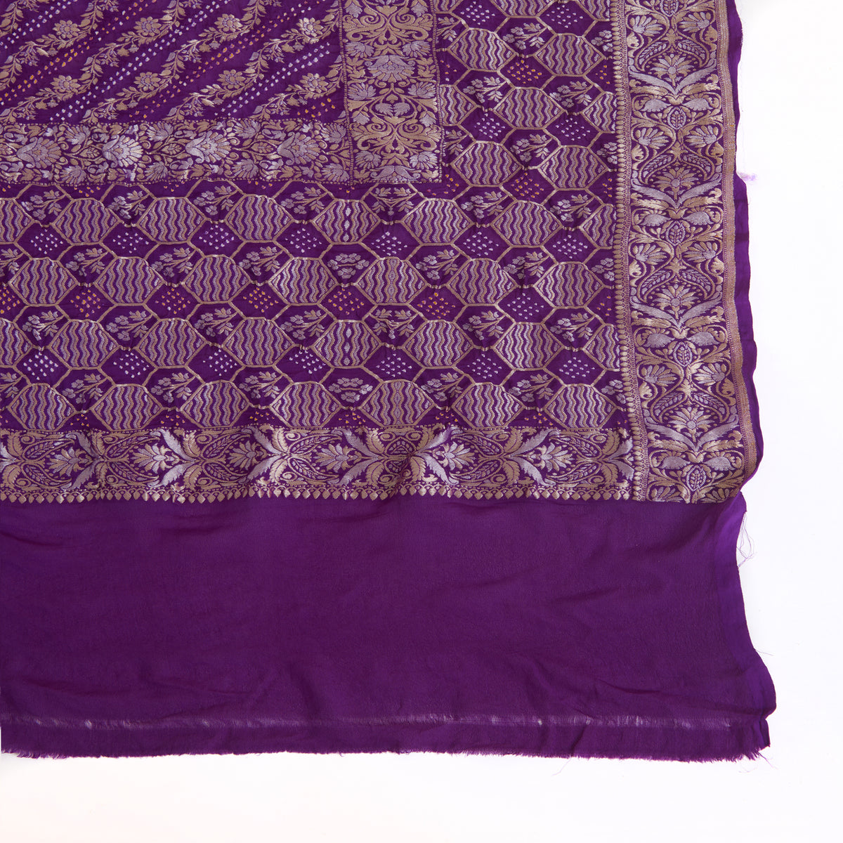 Purple Georgette Bandhej Hand Woven Gold Border Geometric Dupatta