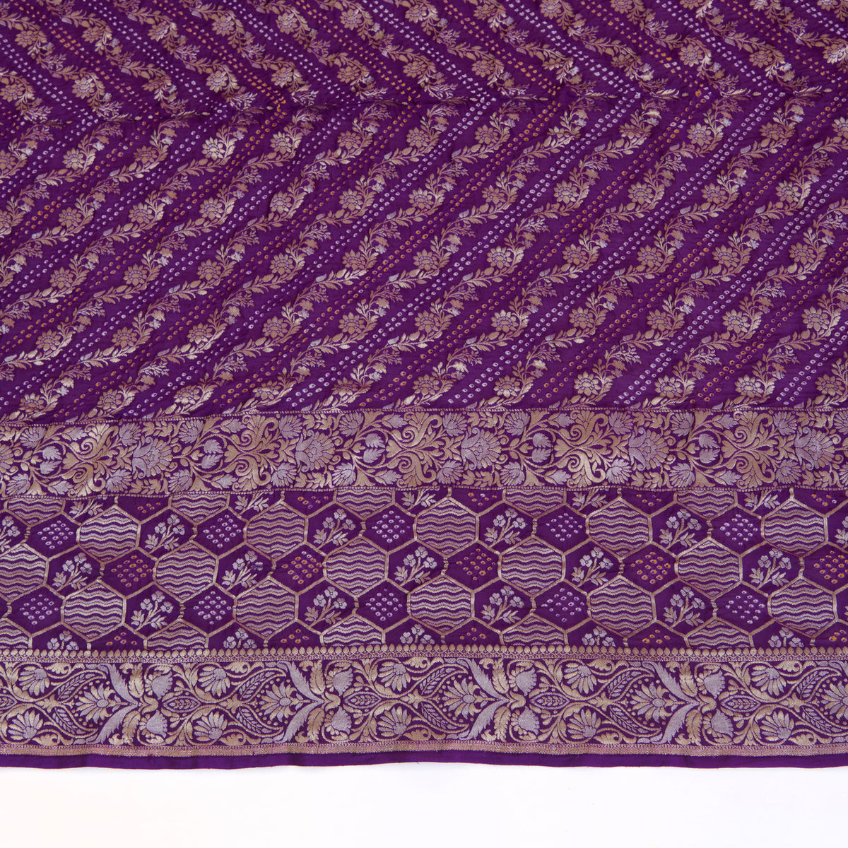 Purple Georgette Bandhej Hand Woven Gold Border Geometric Dupatta