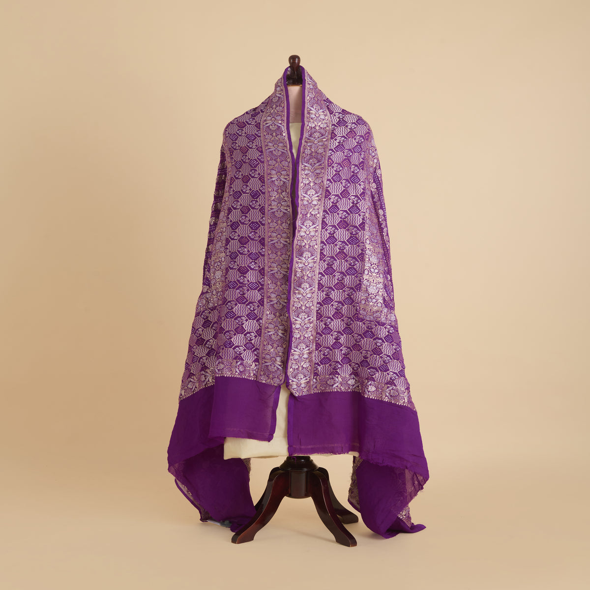 Purple Georgette Bandhej Hand Woven Gold Border Geometric Dupatta