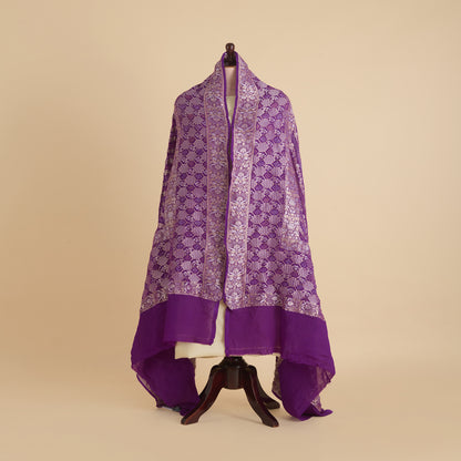 Purple Georgette Bandhej Hand Woven Gold Border Geometric Dupatta