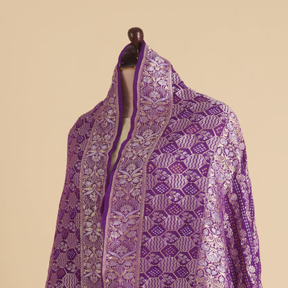 Purple Georgette Bandhej Hand Woven Gold Border Geometric Dupatta
