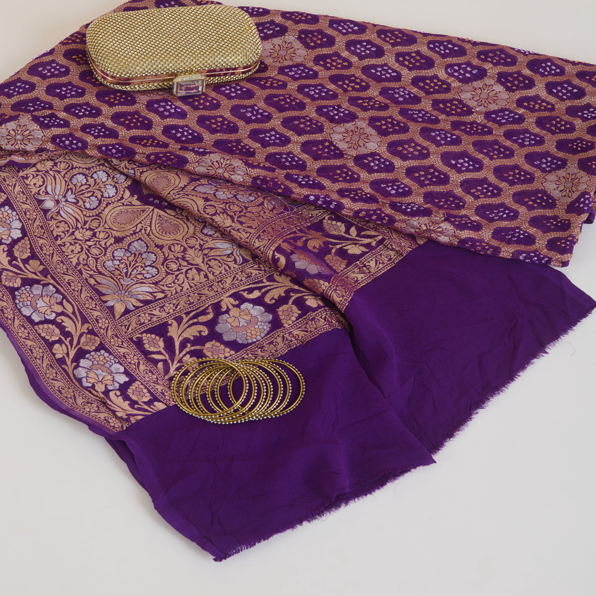 Purple Georgette Bandhej Hand Woven Gold Geometric Dupatta