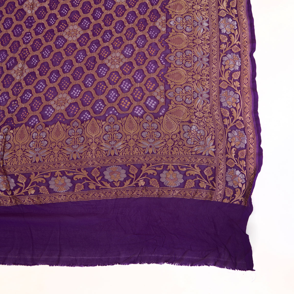 Purple Georgette Bandhej Hand Woven Gold Geometric Dupatta