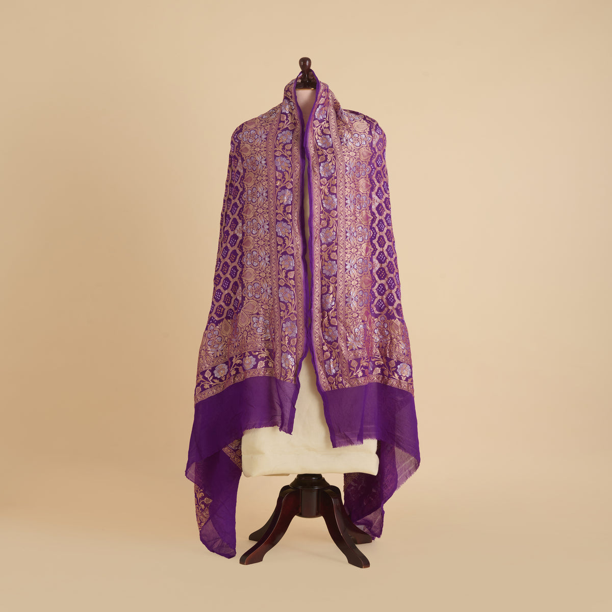 Purple Georgette Bandhej Hand Woven Gold Geometric Dupatta