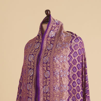 Purple Georgette Bandhej Hand Woven Gold Geometric Dupatta