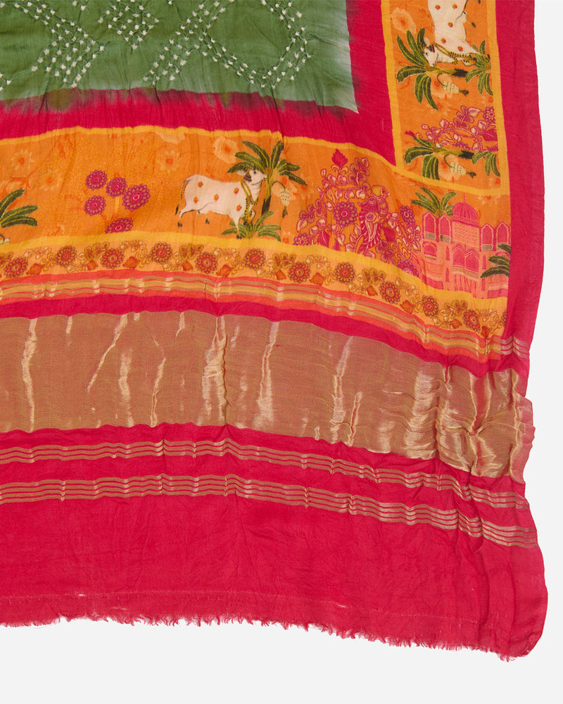 Pink & Green Gaji Silk Bandhej Dupatta with Pichwai Printed Pallu