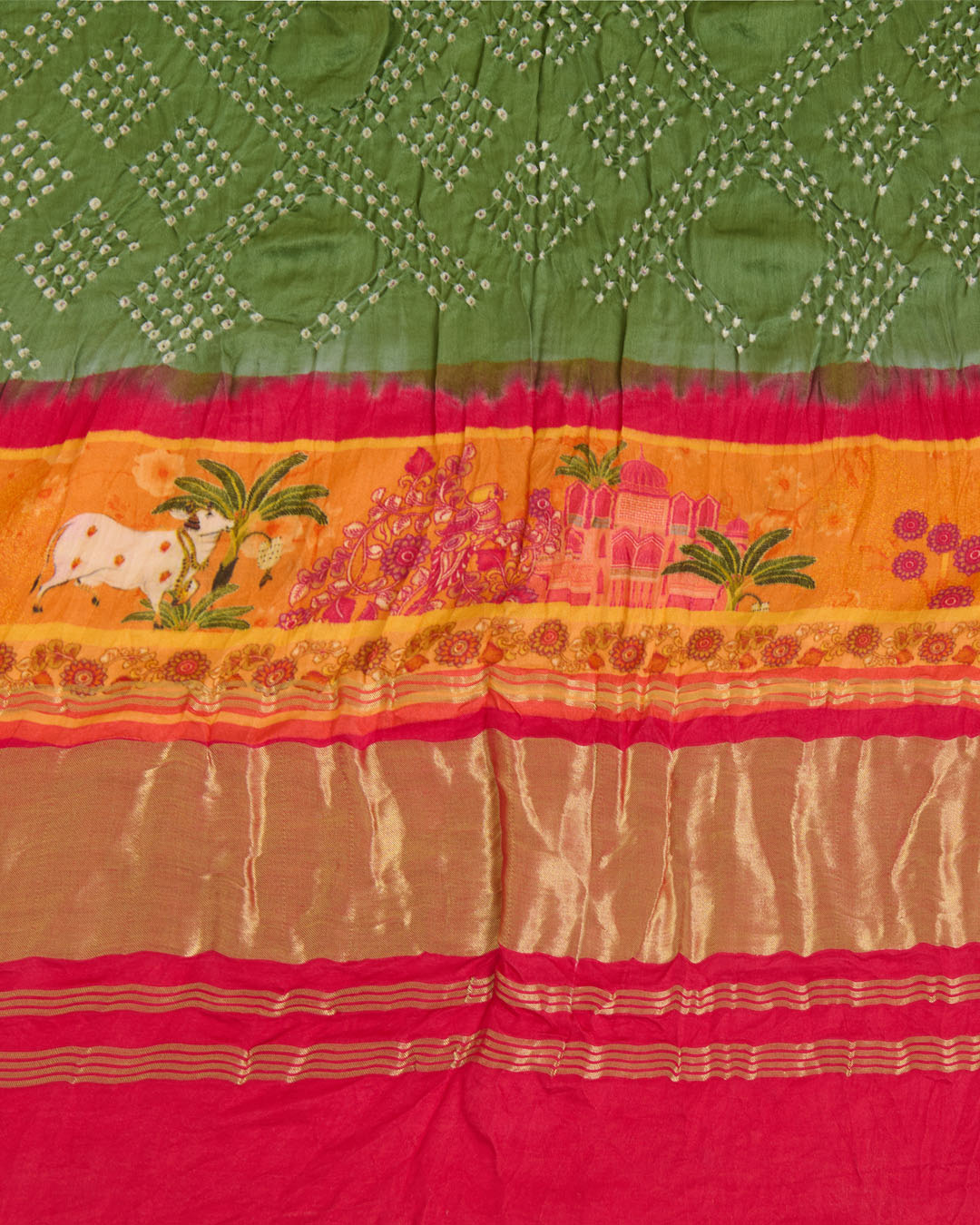 Pink & Green Gaji Silk Bandhej Dupatta with Pichwai Printed Pallu