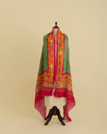 Pink & Green Gaji Silk Bandhej Dupatta with Pichwai Printed Pallu
