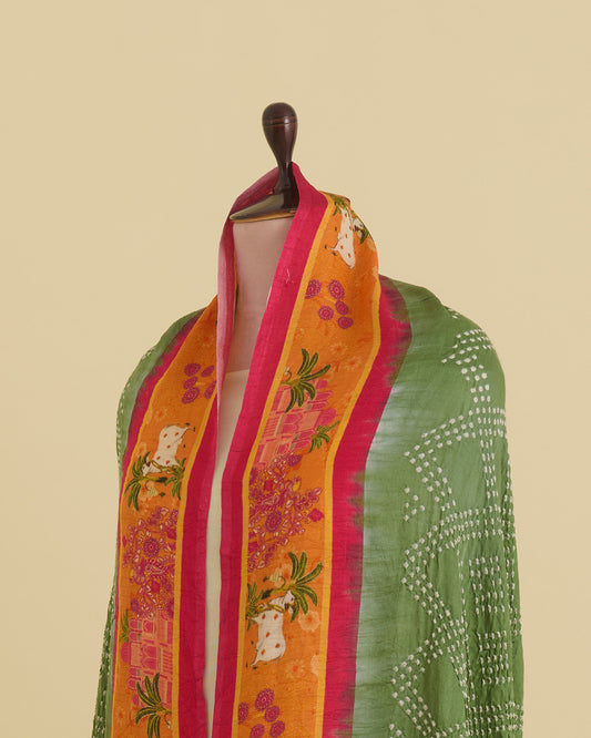 Pink & Green Gaji Silk Bandhej Dupatta with Pichwai Printed Pallu