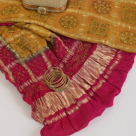 Pink Yellow Gaji Silk Checks Ajrakh Print Bandhej Lagdi Patta Dupatta