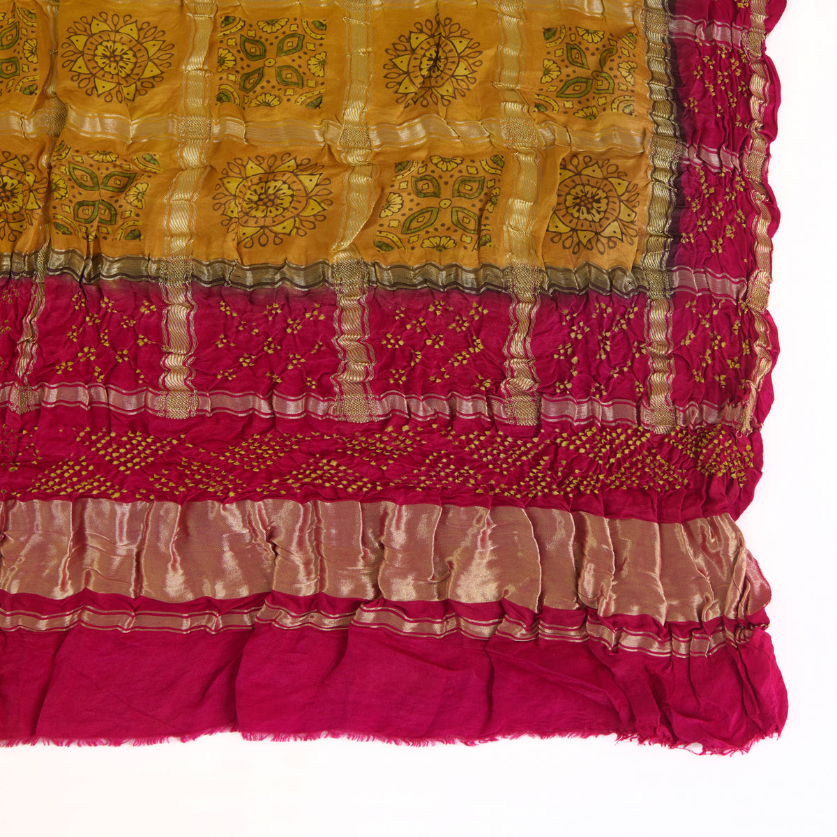 Pink Yellow Gaji Silk Checks Ajrakh Print Bandhej Lagdi Patta Dupatta