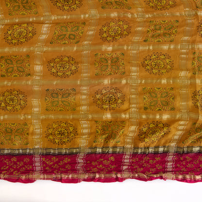 Pink Yellow Gaji Silk Checks Ajrakh Print Bandhej Lagdi Patta Dupatta