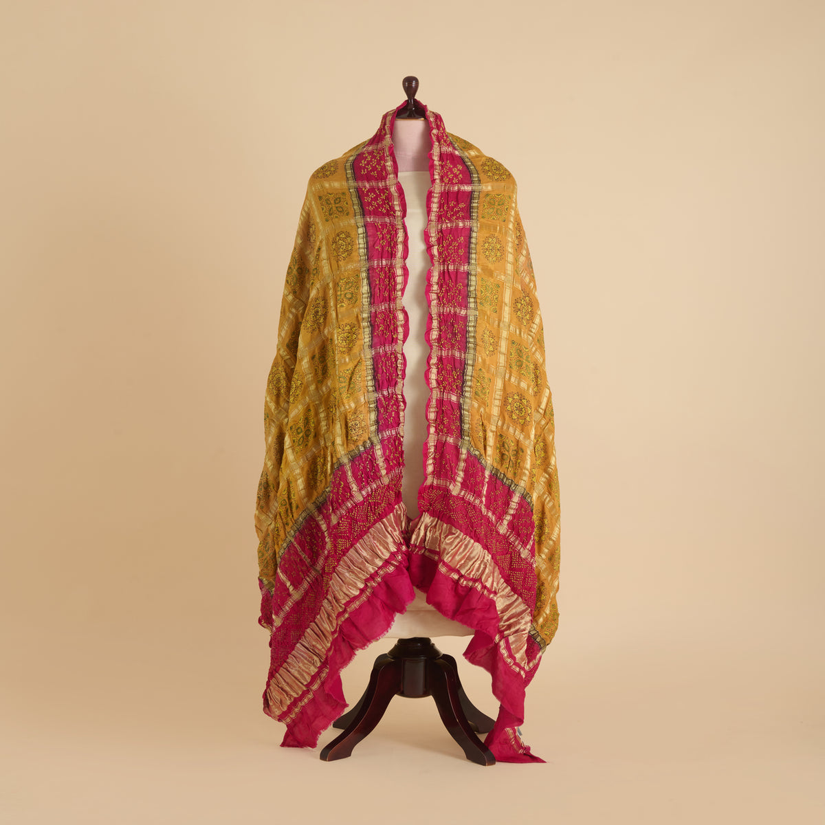 Pink Yellow Gaji Silk Checks Ajrakh Print Bandhej Lagdi Patta Dupatta