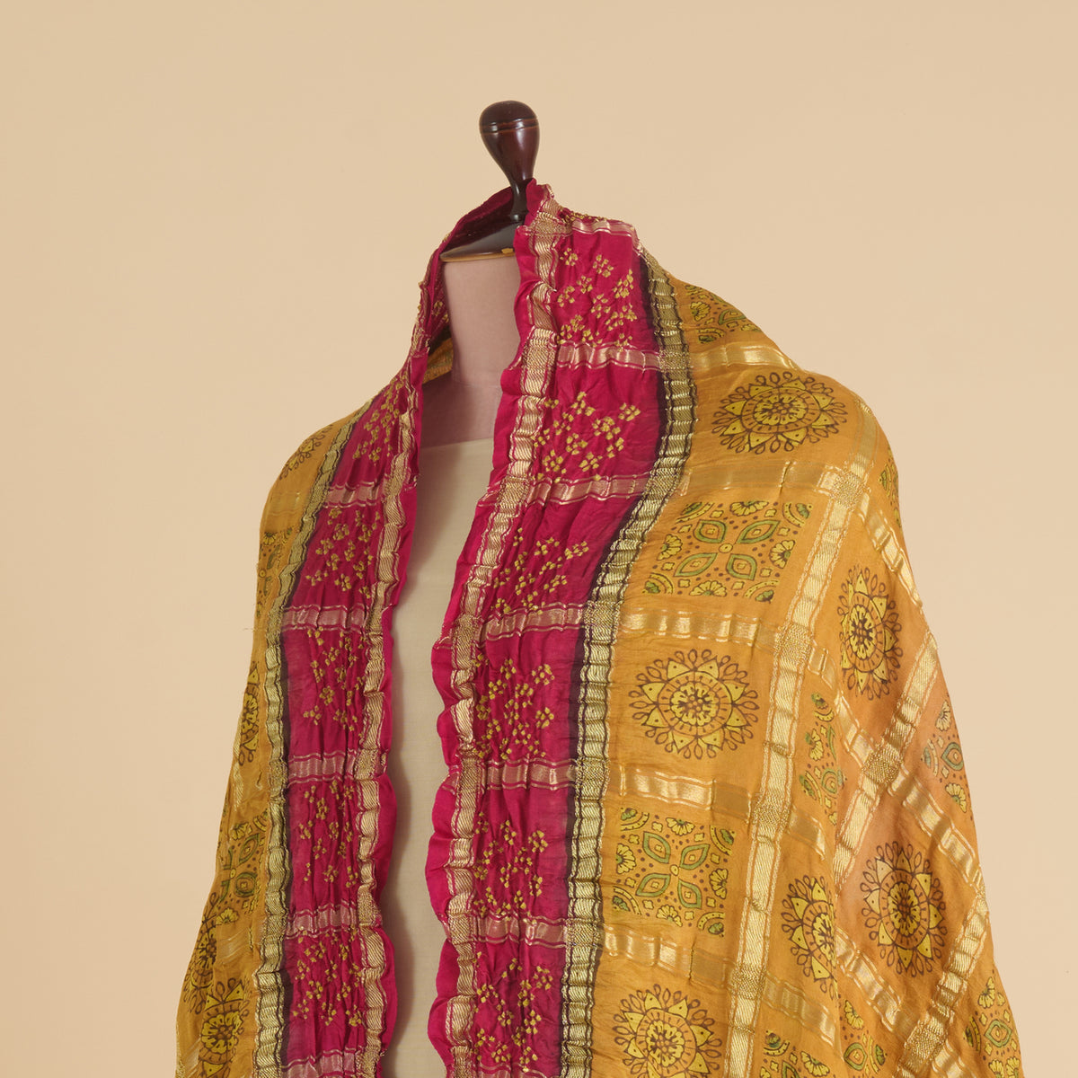 Pink Yellow Gaji Silk Checks Ajrakh Print Bandhej Lagdi Patta Dupatta