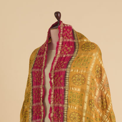 Pink Yellow Gaji Silk Checks Ajrakh Print Bandhej Lagdi Patta Dupatta
