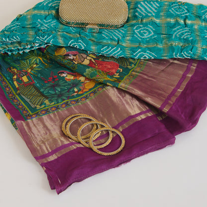 Phirozi Purple Gaji Checks Bandhej Lagdi Patta Pichwai Pallu Dupatta