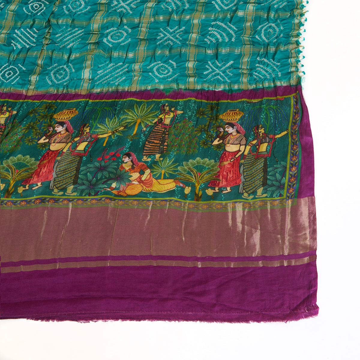 Phirozi Purple Gaji Checks Bandhej Lagdi Patta Pichwai Pallu Dupatta