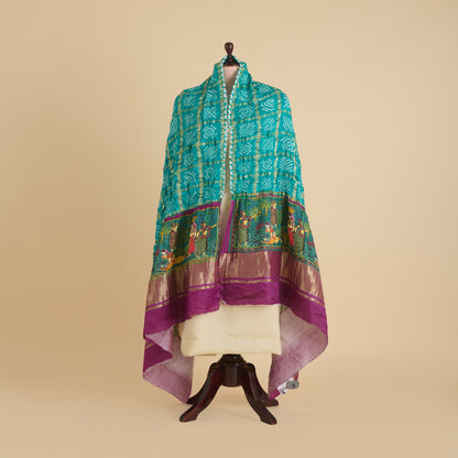 Phirozi Purple Gaji Checks Bandhej Lagdi Patta Pichwai Pallu Dupatta