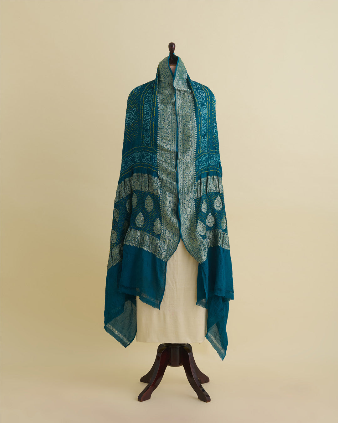 Peacock Blue Georgette Bandhej Handwoven Dupatta with Gold Border