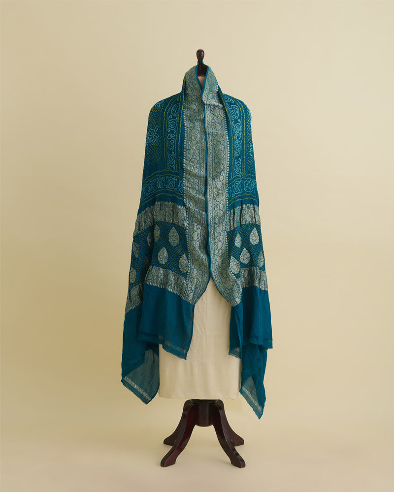 Peacock Blue Georgette Bandhej Handwoven Dupatta with Gold Border
