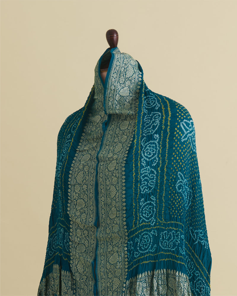 Peacock Blue Georgette Bandhej Handwoven Dupatta with Gold Border