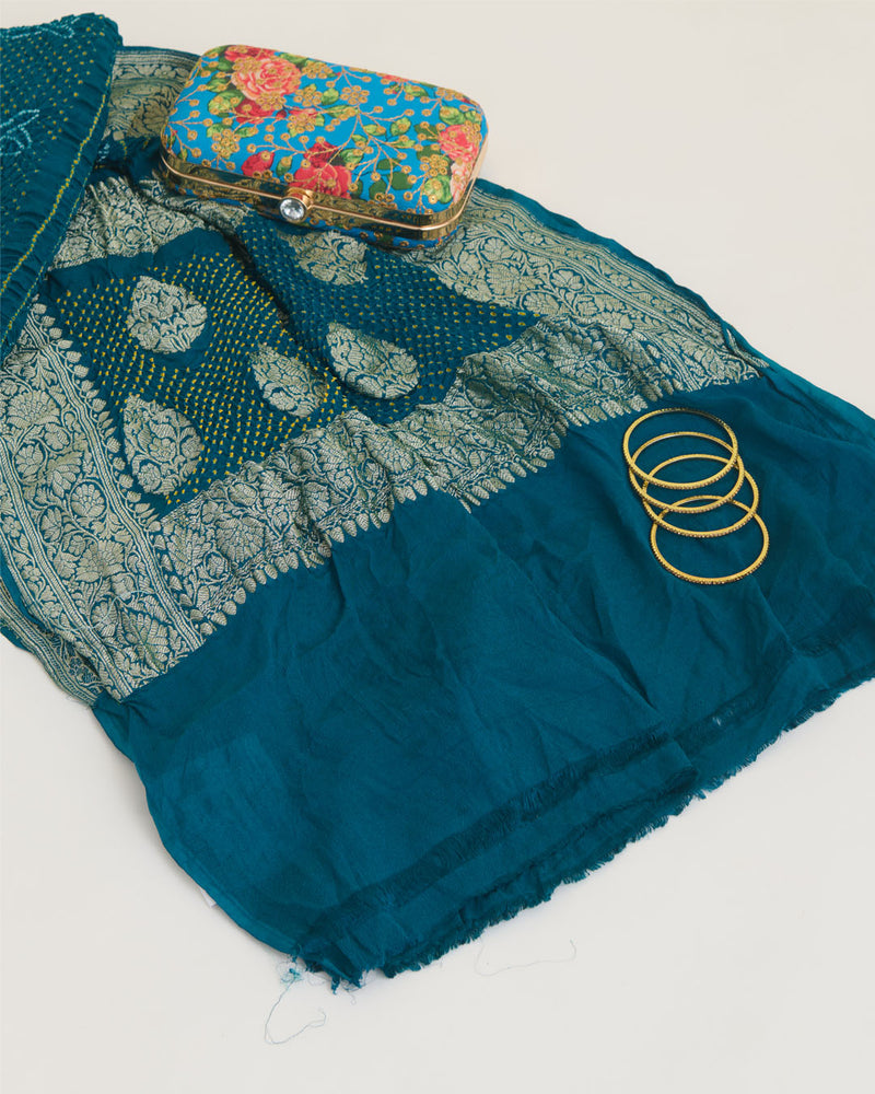 Peacock Blue Georgette Bandhej Handwoven Dupatta with Gold Border