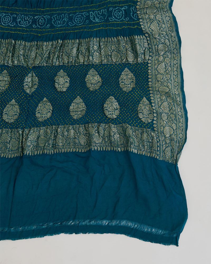 Peacock Blue Georgette Bandhej Handwoven Dupatta with Gold Border