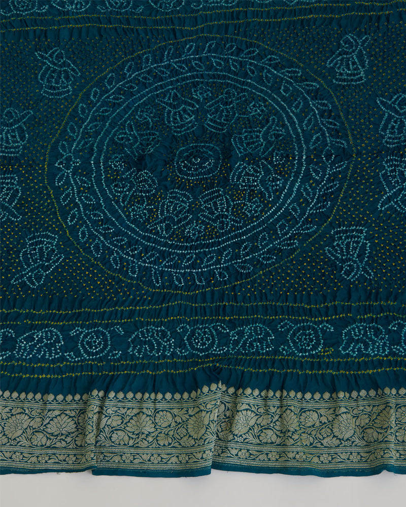 Peacock Blue Georgette Bandhej Handwoven Dupatta with Gold Border