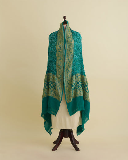 Georgette Bandhej Handwoven Dupatta with Gold Border Rama Green