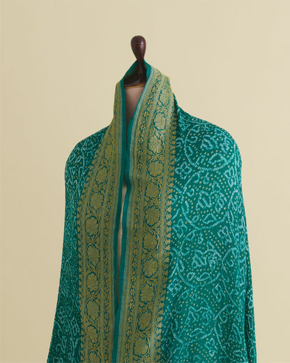 Georgette Bandhej Handwoven Dupatta with Gold Border Rama Green