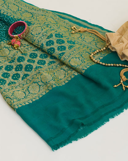 Georgette Bandhej Handwoven Dupatta with Gold Border Rama Green