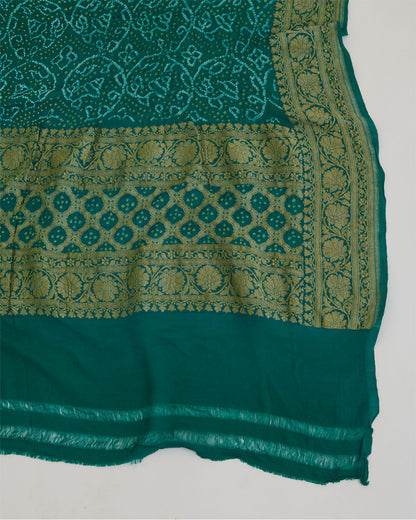 Georgette Bandhej Handwoven Dupatta with Gold Border Rama Green
