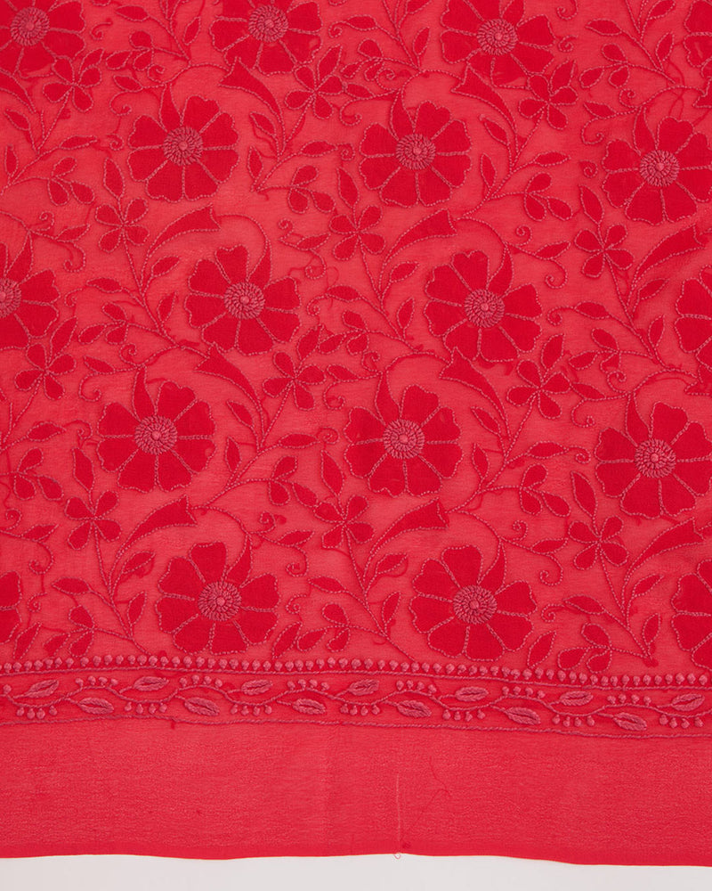Red Georgette Lucknowi Thread Embroidered Dupatta