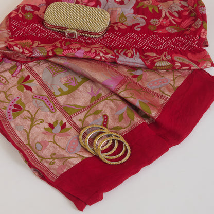 Red Georgette Bandhej Hand Woven Gold Resham Jaal Dupatta