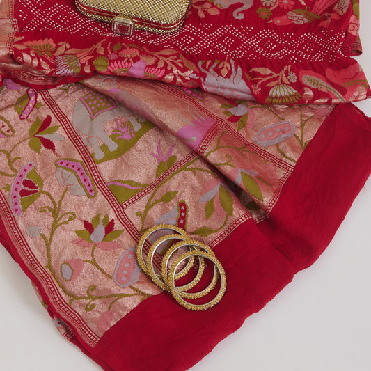 Red Georgette Bandhej Hand Woven Gold Resham Jaal Dupatta