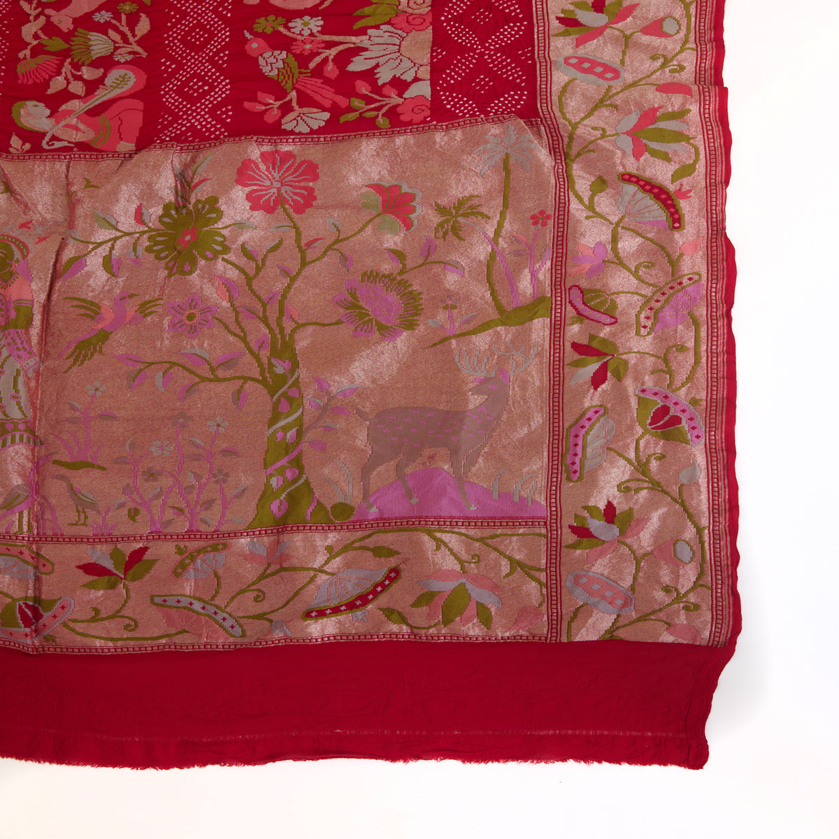 Red Georgette Bandhej Hand Woven Gold Resham Jaal Dupatta