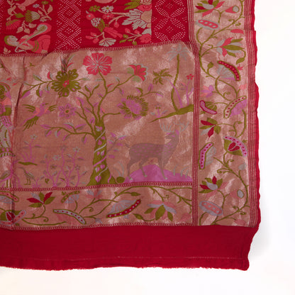 Red Georgette Bandhej Hand Woven Gold Resham Jaal Dupatta